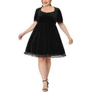 Women's Plus Size Dress Elastic Waist Lace Trim Babydoll Flare Party Velvet Dress 2X Black